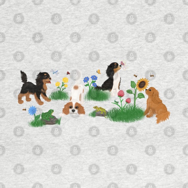 Four Cavalier King Charles Spaniels in a Field of Flowers by Cavalier Gifts